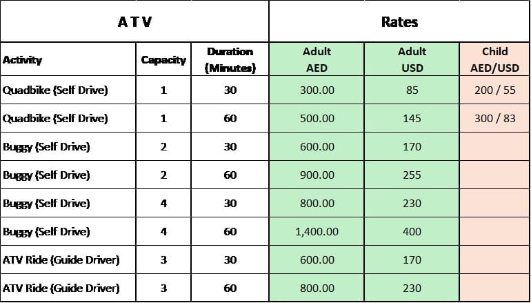 ATV BAN RAKDT RATES - Rub Alkhali Desert Tourism L.L.C