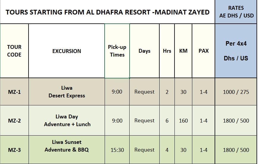 Al Dhafra rates - Rub Alkhali Desert Tourism L.L.C