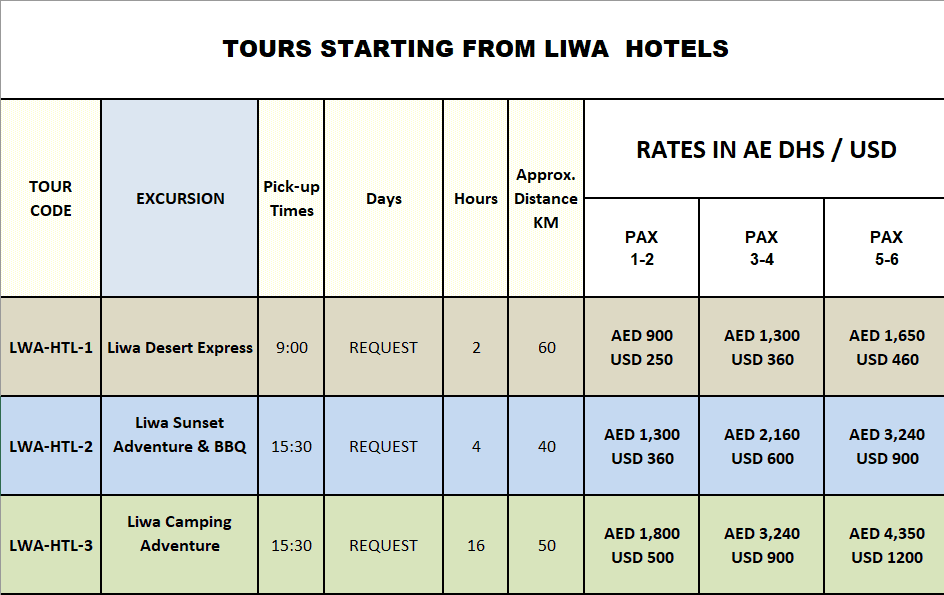 Pricing table for Liwa Hotels excursions: tour codes, names, pickup times, durations, distances, and group rates in AED/USD.